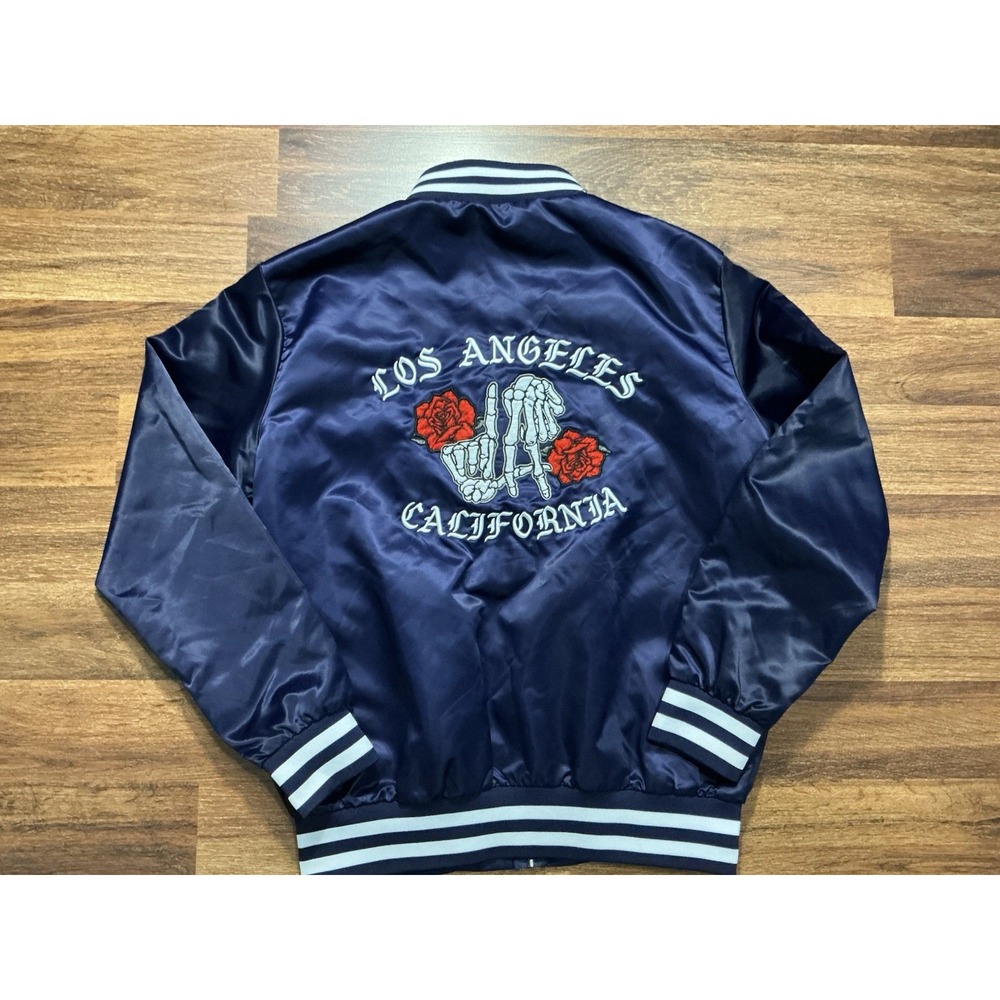 Dark Blue Satin Jacket SMALL Embroidered Red Roses LA Skeleton Hands Ribbed Cuff
